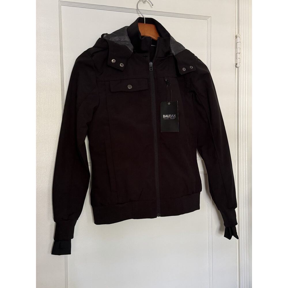BAUBAX Women's Hooded Soft Shell Travel Bomber Jacket‎ Black SZ XS NWT